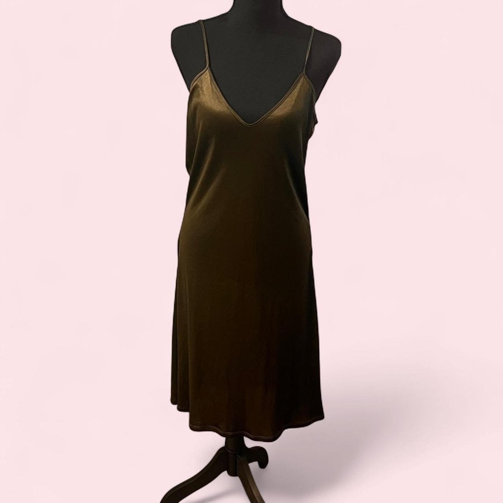Reba Green Silk Slip Dress V-Neck Adjustable Straps Midi Dress Khaki Size S